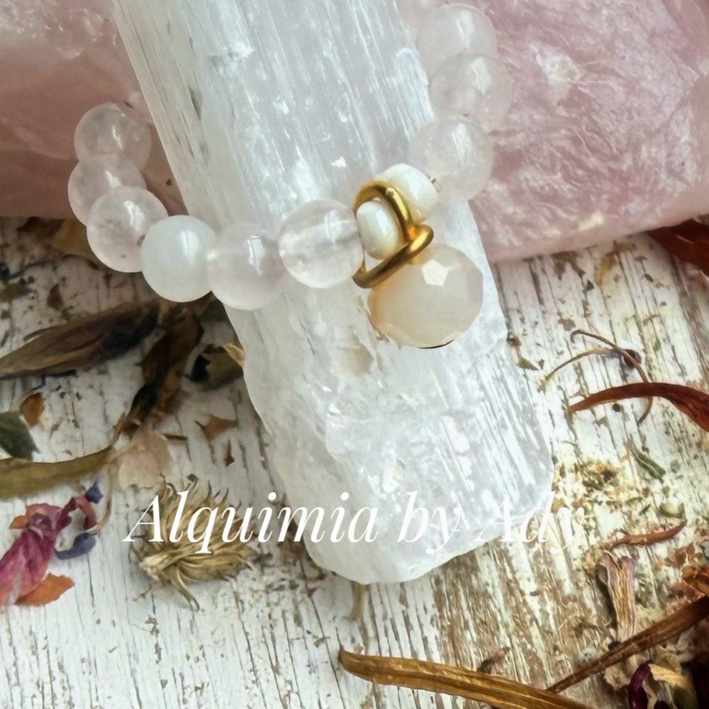 Rose Quartz Beaded Ring — Pink Agate Charm, Size 7